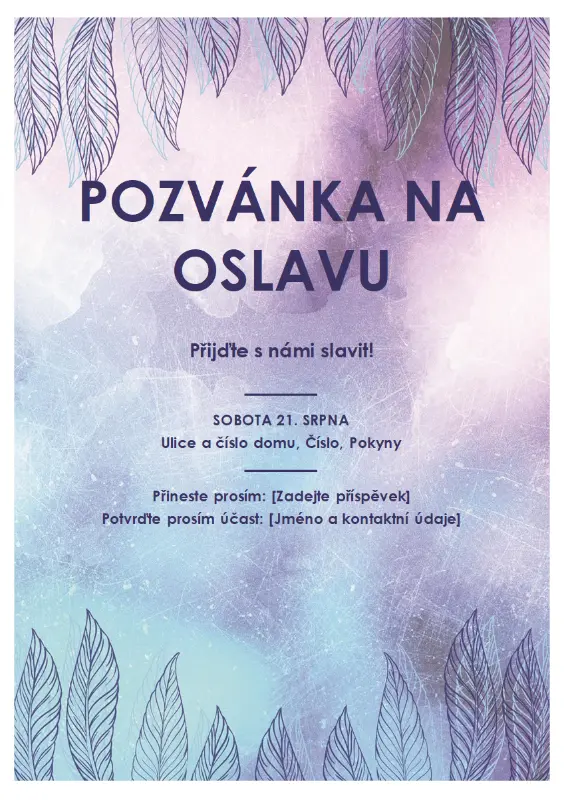 Leták s pozvánkou na oslavu purple organic-boho