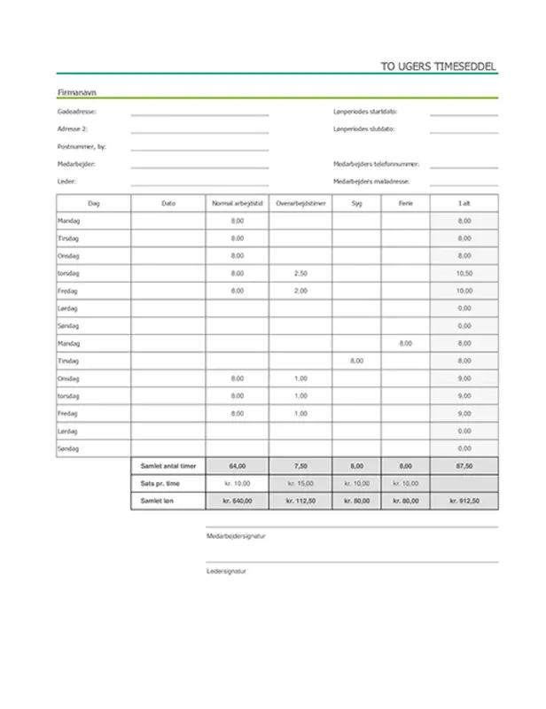 To ugers timeseddel med sygefravær og ferie (med eksempeldata) modern simple