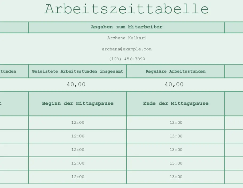 Arbeitszeittabelle (Arbeitsblatt) green modern simple