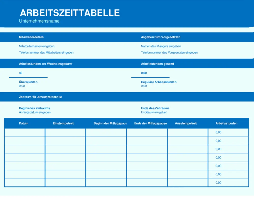 Elementare Arbeitszeittabelle blue modern simple