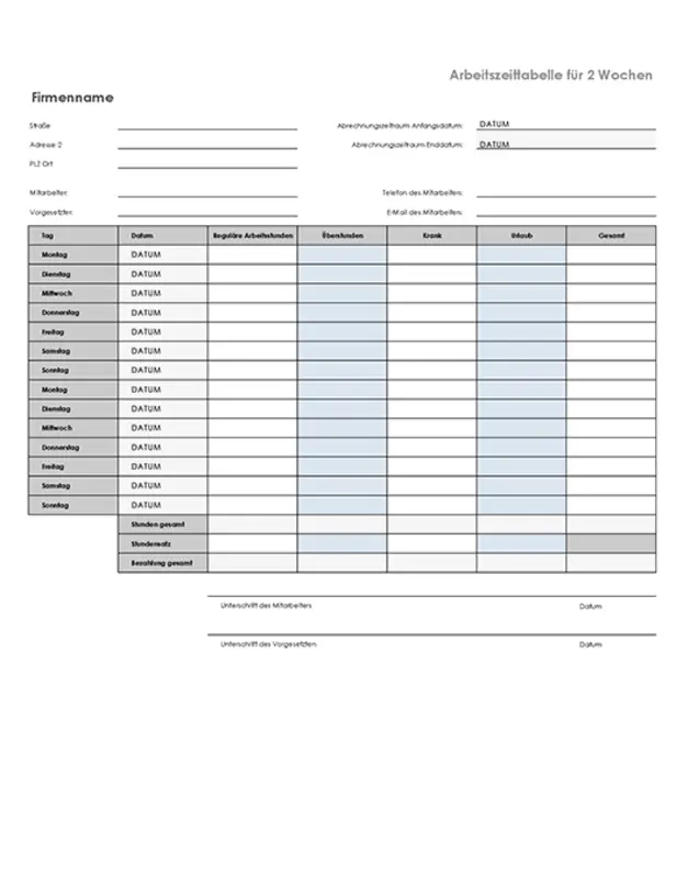 Zweiwöchentliche Arbeitszeittabelle mit Abwesenheiten aufgrund von Krankheit und Urlaub gray modern simple