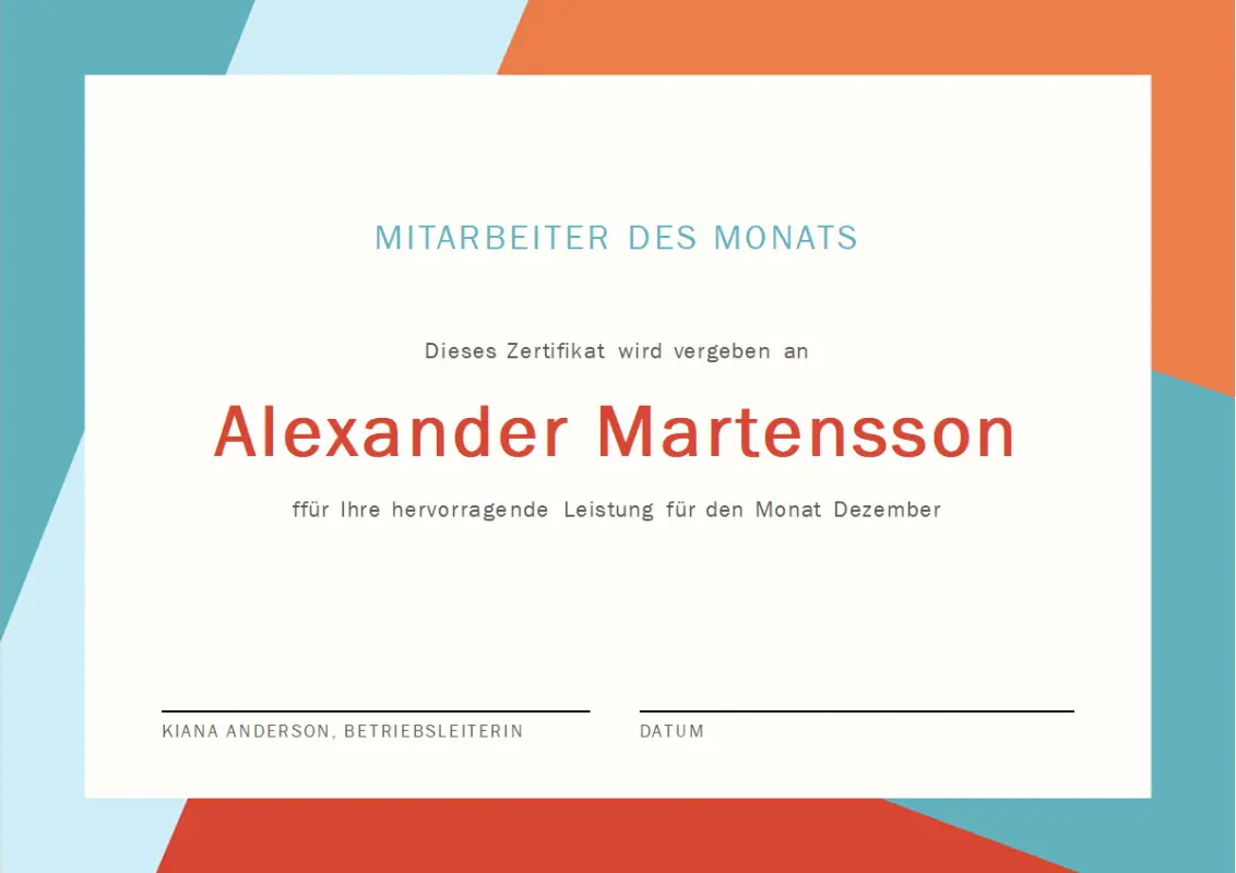 Mitarbeiter des Monats-Zertifikat orange modern-color-block