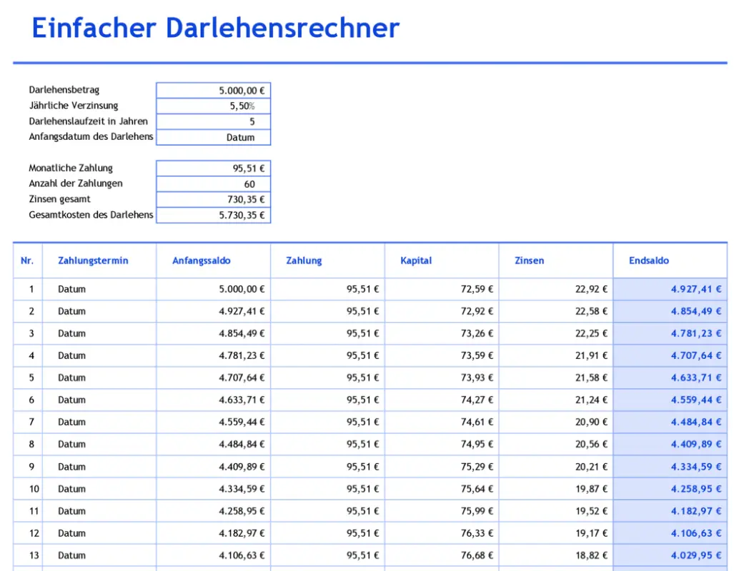 Einfacher Darlehensrechner mit Tilgungstabelle blue modern simple