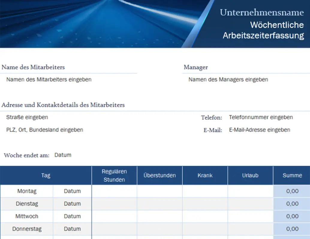 Wöchentliche Arbeitszeiterfassung für Kleinunternehmen green modern simple