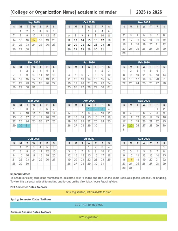Academic year calendar blue modern-simple