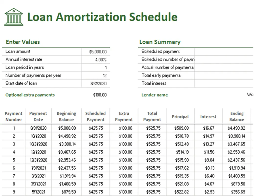 Loan amortization schedule green modern-simple