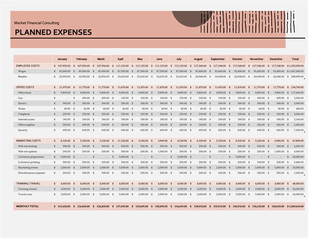 Business expenses budget pink organic boho