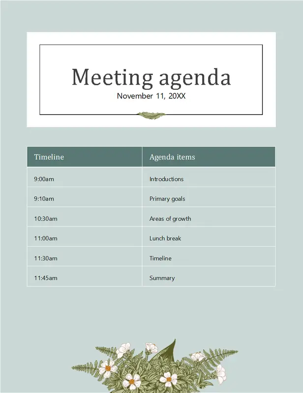 Floral flourish meeting agenda blue vintage floral