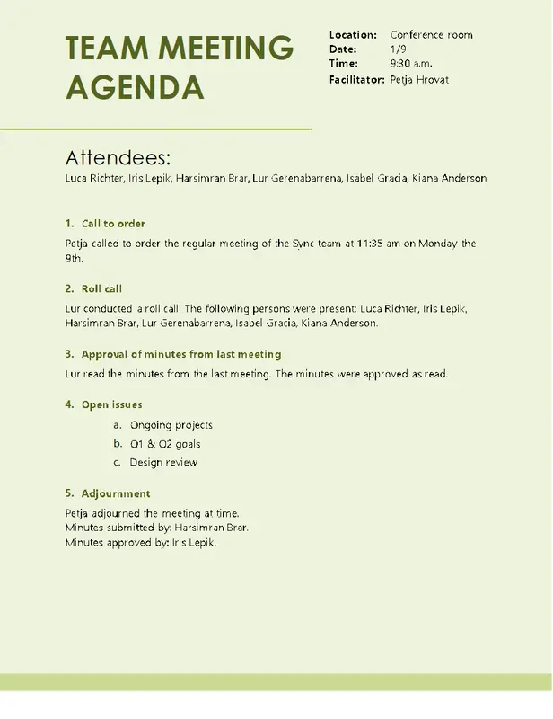 Team meeting agenda green modern simple