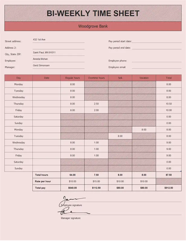 Biweekly time sheet with sick leave and vacation (with sample data) modern simple
