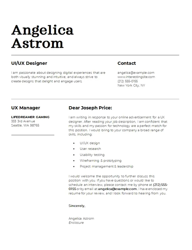 Classic UI/UX designer cover letter modern simple