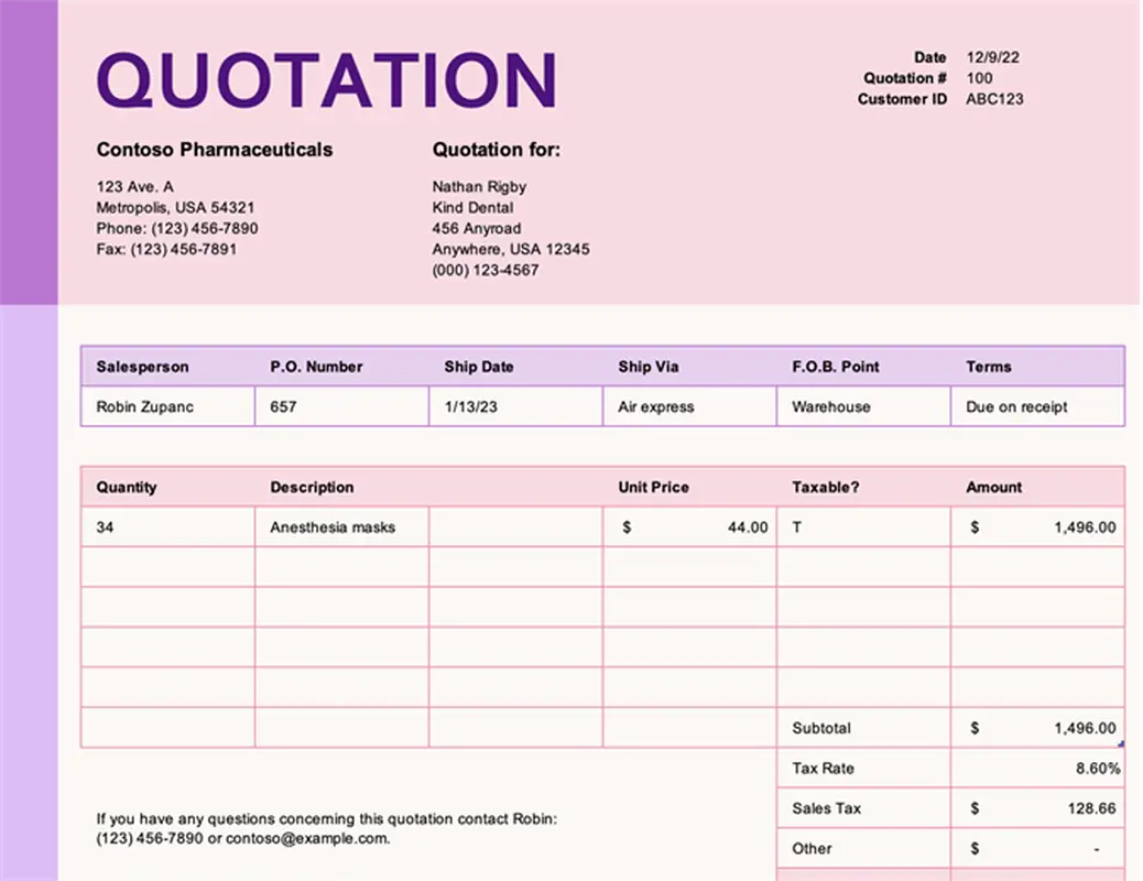 Price quotation with tax calculation pink modern simple