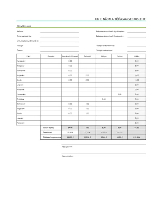Kahe nädala tööajaarvestusleht haigus- ja puhkusepäevadega (näidisandmetega) modern simple