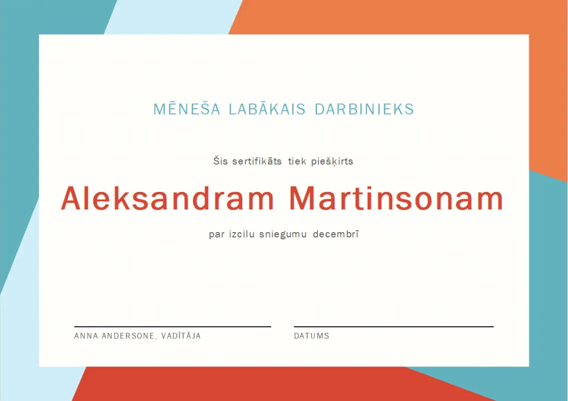 Mēneša labākā darbinieka sertifikāts orange modern-color-block