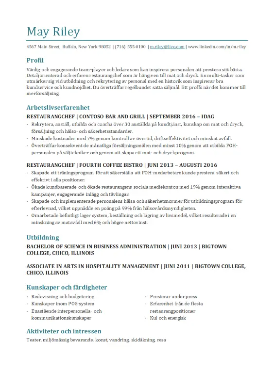 CV för restaurangchef blue modern-simple