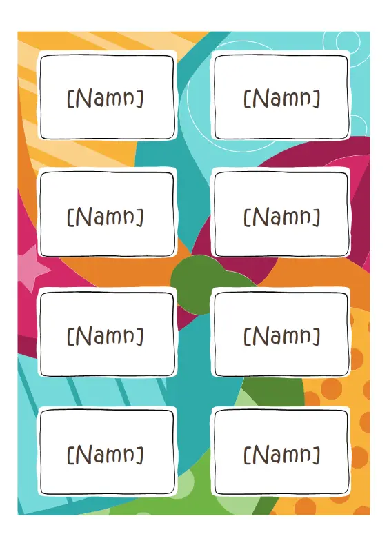 Namnbrickor (ljus design, 8 per sida, fungerar med Avery 5395 och liknande) whimsical color block