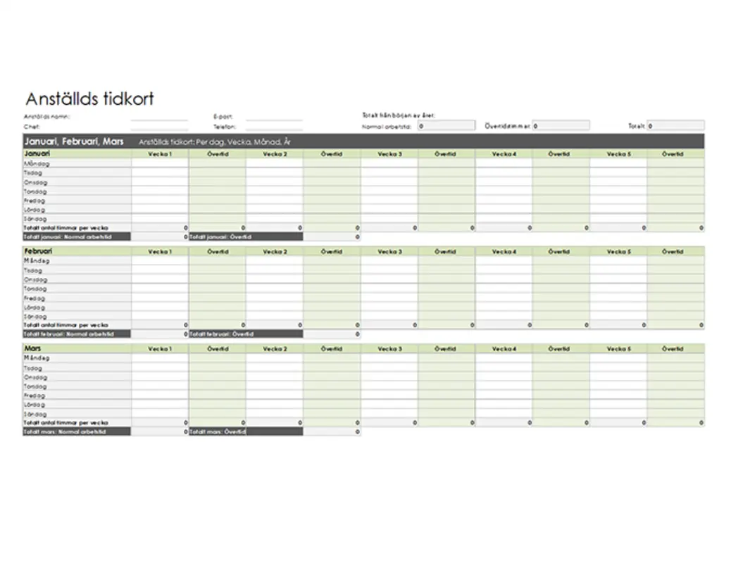 Tidkort för anställda (dagligen, veckovis, månadsvis och årsvis) green modern simple