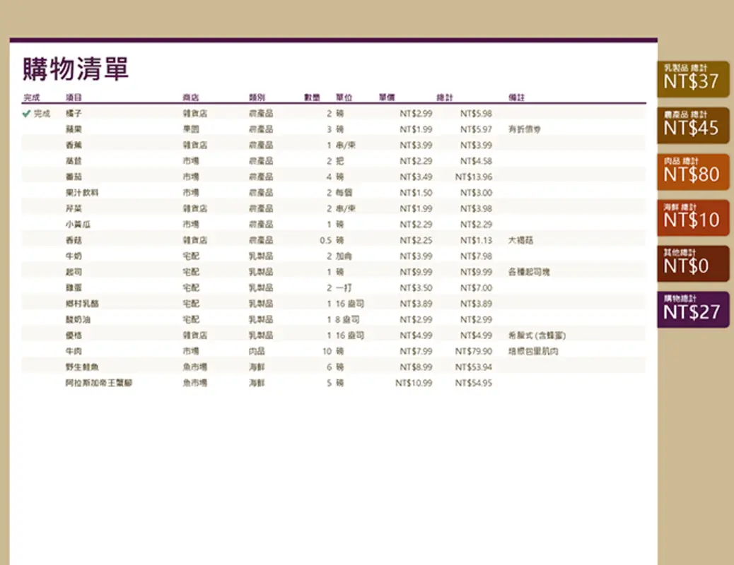 購物清單 (含類別總計) brown modern simple